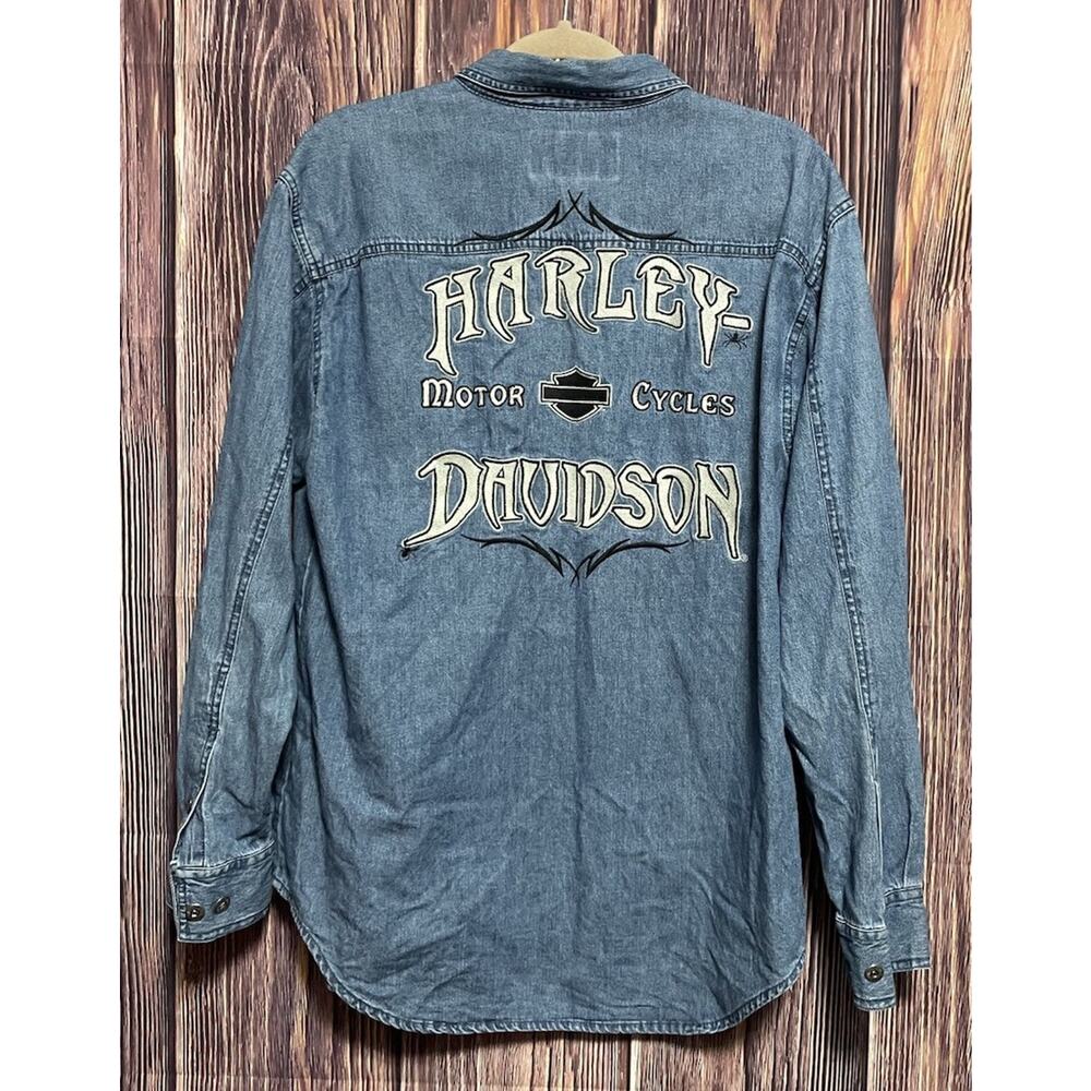 Harley Davidson Denim Jean Shirt Embroidered Flame Motorcycles Vintage Men's M